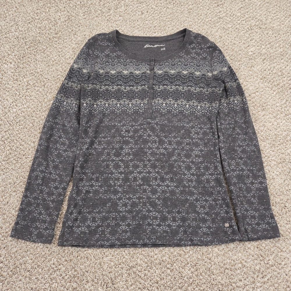 Eddie‎ Bauer Henley Top Waffle Thermal Shirt Charcoal Gray Fair Isle Womens PS
